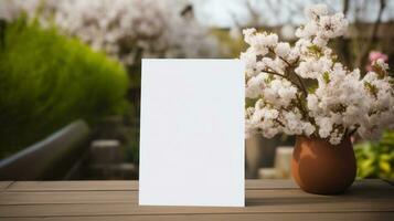 ai gerado branco cumprimento cartão com em branco frente, realista em uma brincar modelo dentro uma de madeira mesa dentro uma Páscoa luxo fundo dentro casa dentro, foto