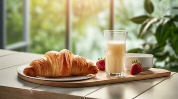 ai gerado café da manhã croissant com uma vidro leite ai generativo foto