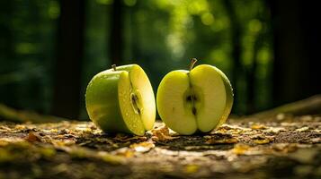 ai gerado fresco verde maçã fatia em a campo com luz exposição foto