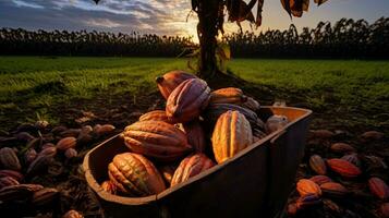 ai gerado retrato cacau fruta em a campo com luz exposição ai generativo foto