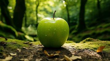 ai gerado fresco verde maçã em a campo com luz exposição foto
