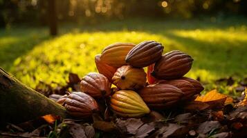 ai gerado retrato cacau fruta em a campo com luz exposição ai generativo foto