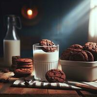 ai gerado cremoso chocolate biscoitos com uma vidro leite ai generativo foto