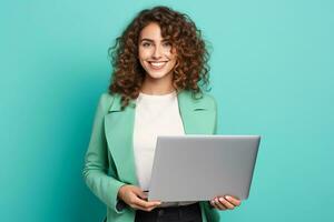 ai gerado retrato do atraente alegre menina usando computador portátil isolado fundo foto