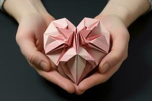 ai gerado papel origami coração dentro fêmea mãos em Preto fundo, fechar-se, uma delicadamente guardada origami coração, ai gerado foto