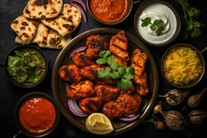 ai gerado frango tikka Masala ou frango tikka com basmati arroz, cebola, molho picante e coalhada, indiano Comida festa com frango tikka Masala Curry, tandoori frango, e aperitivos, topo Visão foto