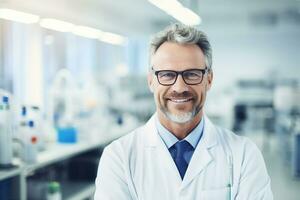 ai gerado cuidados de saúde cruzado braços e retrato do uma masculino farmacêutico em pé dentro uma farmacia clínica foto