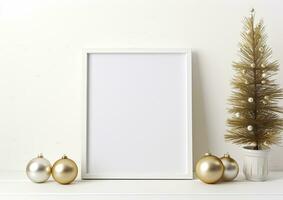 ai gerado Natal composição Preto quadro, Armação e Natal árvore dourado bolas em madeira fundo foto