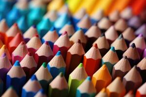ai gerado colorida lápis fundo, fechar-se, raso profundidade do campo, colori apontador lápis, macro tiro do muitos colori lápis, ai gerado foto