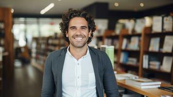 ai gerado jovem homem em pé dentro biblioteca interior foto