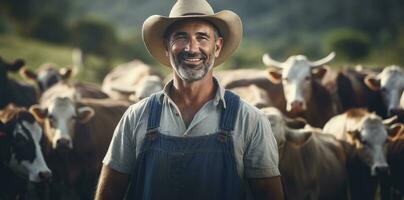 ai gerado agricultor em pé dentro frente do uma rebanho do vacas. foto