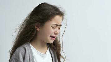 ai gerado uma pequeno menina chorando em branco fundo foto