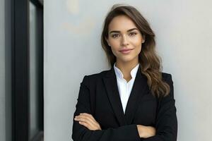 ai gerado alegre o negócio mulher vestindo Preto blazer em pé isolado em branco fundo foto