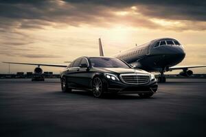 ai gerado luxo carro em a pista dentro aeroporto com avião dentro a fundo, o negócio classe Preto edição experiência, luxo carro e privado jato em a pista, ai gerado foto