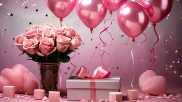 ai gerado luxo presente caixa com balão e rosa flor ai generativo foto