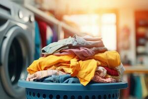 ai gerado roupas dentro cesta às lavanderia fazer compras com moderno lavando máquina .generativo ai foto