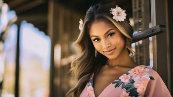 ai gerado mulher com grandes cabelo e flor dentro dela cabelo foto