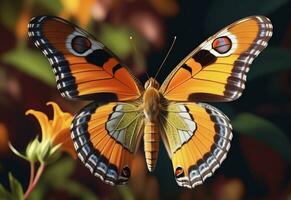 ai gerado uma borboleta é sentado em uma plantar com folhas foto