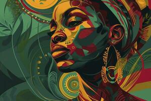 ai gerado Preto história mês conceito, a africano mulher com brilhante cores, dentro a estilo do gráfico Projeto poster arte, Sombrio verde e carmesim. foto