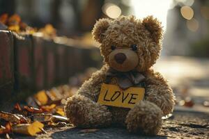 ai gerado Urso de pelúcia Urso segurando uma amarelo placa dizendo amor texto. namorados dia foto