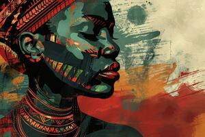 ai gerado Preto história mês conceito. africano mulher face, dentro a estilo do audacioso, gráfico abstração, Sombrio verde e carmesim, vintage poster Projeto. foto