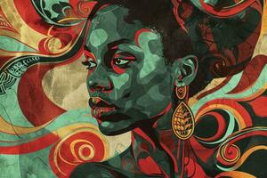 ai gerado a retrato do a africano mulher Preto história mês conceito, psicodélico gráfico projeto, Sombrio esmeralda e carmesim, em forma tela, grafite estilo, negrito gráfico Projeto arte elementos. foto