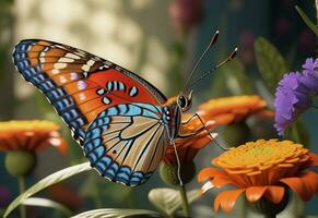 ai gerado uma borboleta é sentado em uma plantar com folhas foto