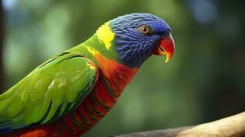 ai gerado lado Visão fechar-se do lindo e colorida Lorikeet verde cochilou pássaro. generativo ai foto