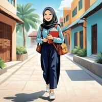 ai gerado ilustração do uma pequeno indonésio aluna vestindo uma cheio corpo hijab, entusiasmado sobre aprendizado, segurando uma livro foto