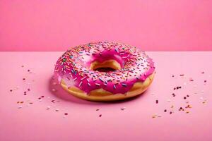 ai gerado uma rosquinha com granulados em uma Rosa fundo foto