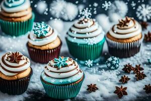 ai gerado bolos de copo com geada e flocos de neve em uma mesa foto