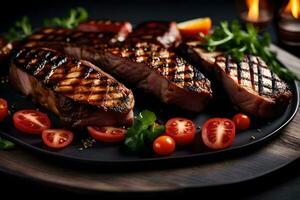 ai gerado grelhado bife com tomates e ervas em uma Preto prato foto