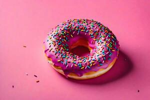 ai gerado uma rosquinha com granulados em uma Rosa fundo foto