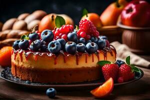 ai gerado uma bolo de queijo com bagas e de outros frutas em uma mesa foto