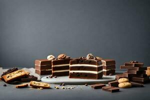 ai gerado chocolate bolo com biscoitos e creme em uma Sombrio fundo foto