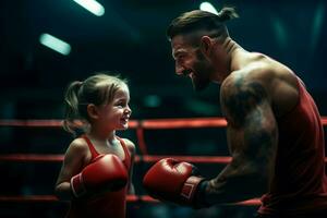 ai gerado focado pequeno menina Treinamento com treinador dentro boxe anel dentro tarde. gerar ai foto