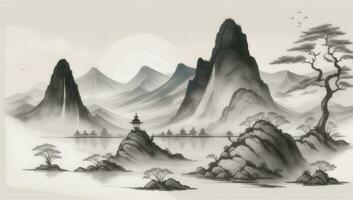 ai gerado chinês panorama montanha natureza pintura tinta foto