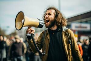 ai gerado convincente homem megafone protesto. gerar ai foto