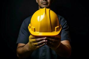 ai gerado trabalha duro masculino mão com amarelo capacete. gerar ai foto