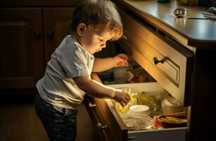 ai gerado brincalhão criança explorando cozinha gaveta. gerar ai foto