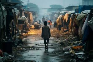 ai gerado desolado triste Garoto vivo dentro pobreza fundo. gerar ai foto