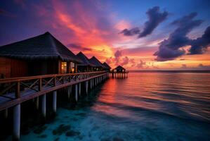 ai gerado hipnotizante Maldivas oceano de praia pôr do sol. gerar ai foto