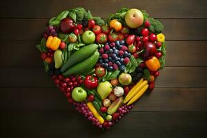 ai gerado delicioso coração em forma frutas e legumes. gerar ai foto