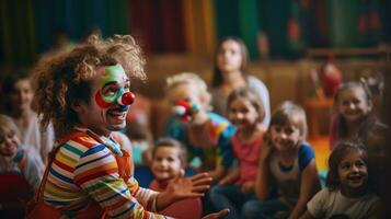 ai gerado crianças festa com palhaço jogando engraçado truques e sorridente às crianças. foto