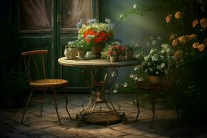 ai gerado ao ar livre medieval pátio mobília com floral decorações. gerar ai foto