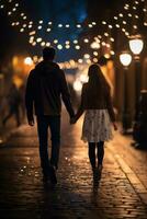 ai gerado romântico casal segurando mãos dentro cidade noite luzes foto