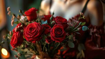 ai gerado mulher segurando uma embrulhado ramalhete do rosas em dia dos namorados dia foto