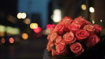 ai gerado elegante embrulhado rosas com borrado paisagem urbana fundo foto