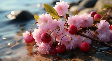 ai gerado diferente cores do rosas e cereja flores estão florescendo em a de praia foto