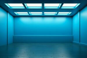 ai gerado exibição fascinar esvaziar azul quarto com pensativamente colocada iluminação foto